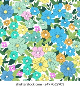 Elegant floral pattern in small light blue and yellow flowers. Liberty style. Floral seamless background for fashion prints. Ditsy print. Seamless vector texture. Spring bouquet.