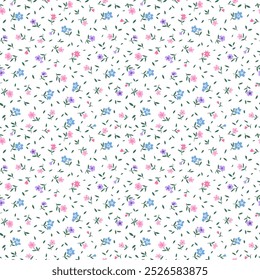 Elegante padrão floral em pequenas flores lilás e rosa. Estilo Liberty. Fundo floral perfeito para impressões de moda. Impressão de Ditsy. Textura de vetor uniforme. Buquê de primavera. Fundo branco.