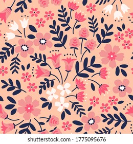 Elegant floral pattern in small pink flowers. Liberty style. Floral seamless background for fashion prints. Ditsy print. Seamless vector texture. Spring bouquet.