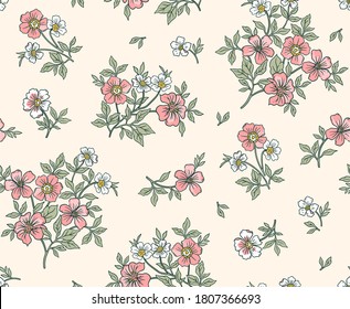 Elegant floral pattern in small pink flowers. Liberty style. Floral seamless background for fashion prints. Ditsy print. Seamless vector texture. Spring bouquet.