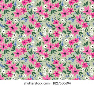 Elegantes Blumenmuster in kleinen, weißen und rosafarbenen Blumen. Liberty-Stil. Blumennaher Hintergrund für Modedrucke. Ditsy-Druck. Nahtlose Vektorstruktur. Frühlingsbukett.