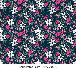 Elegant floral pattern in small white and pink flowers. Liberty style. Floral seamless background for fashion prints. Ditsy print. Seamless vector texture. Spring bouquet.