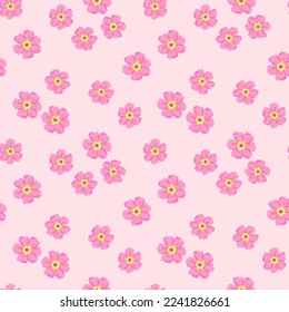 Elegant floral pattern of small white and pink flowers. Floral seamless background for fashionable prints. Seamless vector texture. Pink background.