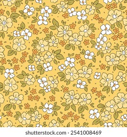 Elegant floral pattern in small white hand draw flowers. Liberty style. Floral seamless background for fashion prints. Vintage print. Seamless vector texture. Spring bouquet. Yellow background