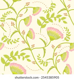 Elegante patrón floral con flores suaves de color rosa y verde: delicado diseño botánico para Fondo de pantalla, textil y decoración con temática de primavera con vides naturales y detalles frondosos