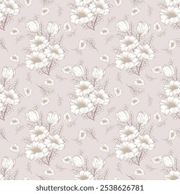 Elegant Floral Pattern with Soft White Flowers and Subtle Foliage on a Gentle Beige Background