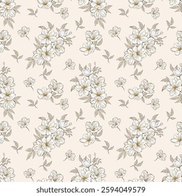 Elegant Floral Pattern with Soft White Flowers and Subtle Foliage on a Gentle Beige Background. Vector design for Wallpaper, Fabric, Branding, Packaging, Invitations, Wedding, Home Decor Design.