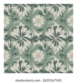 Elegant floral pattern with stylized white flowers, green leaves, and swirling vines on a muted green background. A seamless vector design for textile or wallpaper.