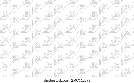Elegant floral pattern with subtle gray stylized lilies on white background offering a refined touch perfect for sophisticated design projects or aesthetic enhancements