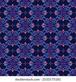 Elegantes Blumenmuster mit symmetrischem Design in violetten und rosafarbenen Tönen