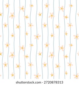 Elegante padrão floral com listras finas azuis. Flores de creme macio para decoração clássica de berçário, roupa de cama e moda primavera. Limpe o plano de fundo do vetor sem emenda.