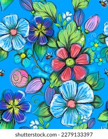 Elegant floral pattern. Vector.Chamomile, peony, tulip, tropical flower, daisy, buttercup on a blue background. Suitable for fabric, packaging, postcards and wallpaper