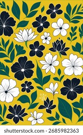 Elegante padrão floral com flores brancas e azuis escuras, folhas verdes sobre fundo amarelo. Design moderno sem emenda para tecido, papel de parede e decoração de casa.