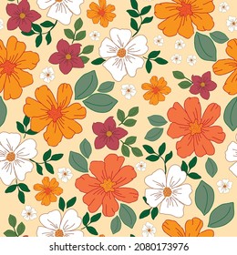 Elegant floral pattern, White, orange and burgundy flowers. Liberty style. Floral seamless background for fashionable prints. Vintage print. Seamless vector texture. Spring bouquet.