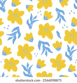 Elegant floral pattern with yellow blooms and blue leaves on white, ideal for summer or spring outfit designs