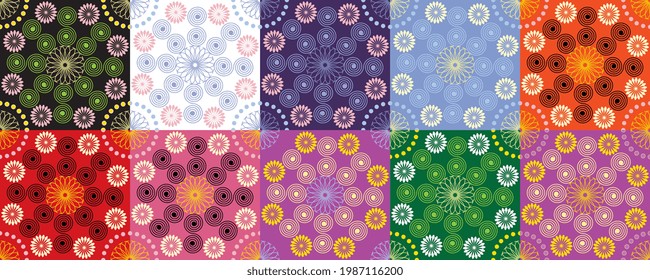 elegante Muster mit neun Spiralmustern in neun verschiedenen Hintergrundfarben, Tapete, Textur, Stoffmuster, Wickelpapier, Teppichboden, Hintergrund, Kissen-Muster