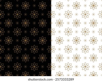 Elegant floral patterns with gold outlines on contrasting black and white backgrounds.