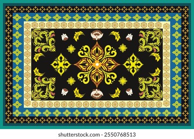 Elegant floral patterns with golden motifs on a black background, bordered by intricate blue, green, and yellow geometric designs. Perfect for decorative or cultural themes