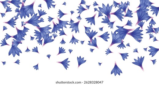 Elegant  floral petals in shades of blue and violet gracefully scattered on white background. Perfect for wedding designs, spring themes, invitations, packaging, and textile patterns.