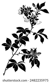 Elegant Floral Plant Silhouette: A Simple Stem with Leaves and Full Bloom Flowers, Perfect for Print Designs