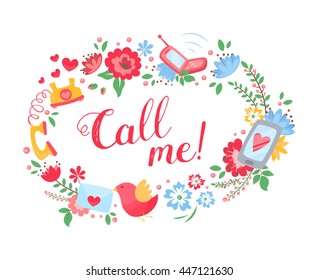 Elegant floral postcard with call me text, cute birds for greeting cards and invitations