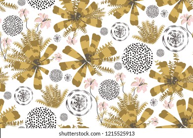 Elegant floral print. Abstract background. Seamless pattern with gold tropical flowers, leaves and circles on white background. Modern creative design. Vector template. Perfect for fabrics, interior