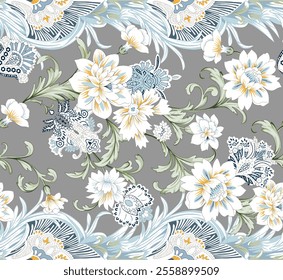 Elegant Floral Print with Detailed Paisley Motifs on a Gray Background