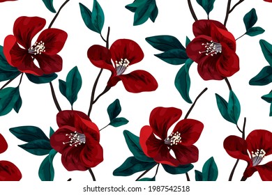 Elegant floral print, seamless pattern. Abstract composition of red flowers on a branch, leaves on a white background. Vector botanical illustration.