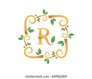 Elegant Floral R Letter With Gold Branch Logo
