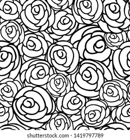 Elegant floral repeat pattern design with black outline roses on white. Perfect as graphic design elements, wallpaper, scrapbook paper, or fabric application.