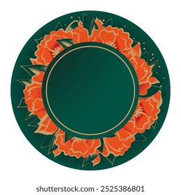 Elegant floral round dark green frame for text with orange flowers. Vintage gold element for greeting card or invitation, sticker