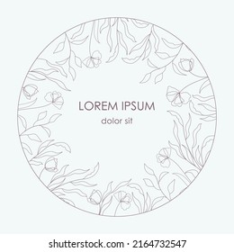 elegant floral round frame with thin outline plants border
