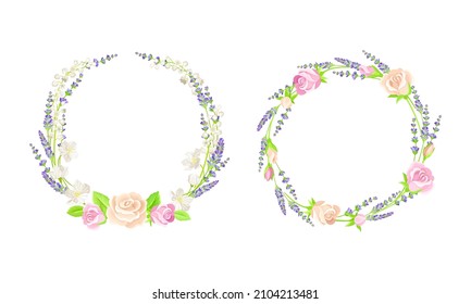 Elegant floral round frames set. Wedding, birthday, valentines day decor element, greeting card design. Wreath of rose flowers vector illustration