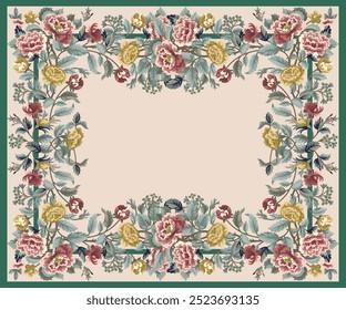 Design elegante tapete floral com intrincadas flores rosa, amarelas e verdes formando uma delicada borda em um fundo bege. Perfeito para decoração vintage-inspirado, papel de parede e projetos têxteis