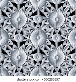 Elegant floral seamless pattern background wallpaper illustration with 3d white  flowers, leaves, vintage decorative  flowery ornaments. Abstract surface fabric  texture. 