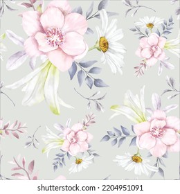 elegant floral seamless pattern with beautiful flower and leaves watercolor