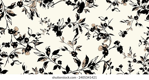 Elegant floral seamless pattern in black and gold color design. Trendy fabric prints. Vector illustration