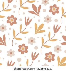 Elegant floral seamless pattern in boho style. Cute gentle seamless background with pretty flowers, twigs, leaves, branches, daisy, chamomile blossoms. Repeat flat vector illustration