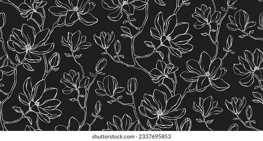 Elegante estampado floral sin costura - ramas con flores de magnolia. Impresión repetida en blanco y negro con pétalos delicados. Sobrio minimalismo de líneas.