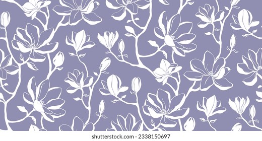 Elegant floral seamless pattern - branches with magnolia flowers. Repeat print with delicate petals. Simple line minimalism.