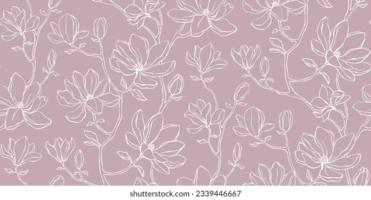 Elegant floral seamless pattern - branches with magnolia flowers. Repeat print with delicate petals. Simple line minimalism.