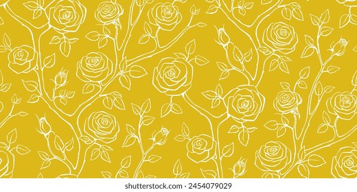 Elegant floral seamless pattern - branches with rose flowers. Repeat print with delicate petals and leaves. Simple line minimalism. Single color.