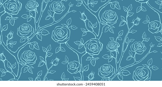 Elegant floral seamless pattern - branches with rose flowers. Repeat print with delicate petals and leaves. Simple line minimalism. Single color.