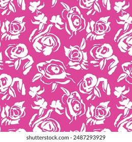 Elegant floral seamless pattern - branches with rose flowers. Repeat print with delicate petals and leaves. Simple line minimalism. Single color. Vector seamless pattern with Hand-drawn roses