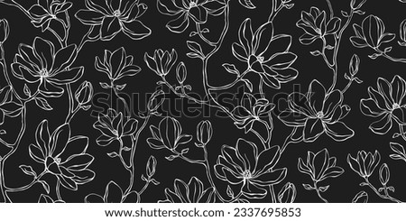 Elegant floral seamless pattern - branches with magnolia flowers. Black and white repeat print with delicate petals. Simple line minimalism.