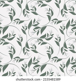 Elegant floral seamless pattern. Curved and twisted abstract branches with leaves are randomly arranged on a light background. Vector.