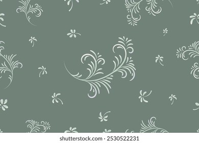 Elegante padrão floral sem emenda, para tecido, têxtil, vestuário, papel de embrulho, capa, decoração de casa, ilustração vetorial de fundo abstrata. Gradiente azul claro e verde no plano de fundo verde sábio.