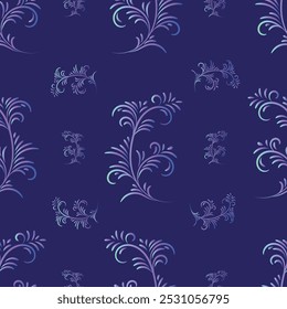 Elegante padrão floral sem emenda, para tecido, têxtil, vestuário, papel de embrulho, capa, decoração de casa. Ilustração vetorial abstrata com roxo azulado no fundo azul escuro.