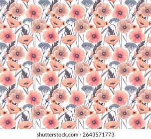 Elegant floral seamless pattern featuring delicate poppy and wildflower illustrations in a soft pastel color palette. Perfect for textiles, wallpaper, or surface design with a romantic, feminine vibe.
