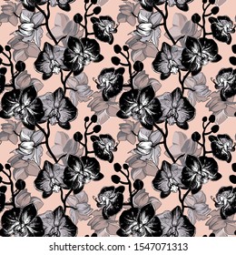 Elegant floral seamless pattern with hand drawn black spotted flowers orchids. Manual graphic with contours and silhouettes of tropical flowers. Perfect for wedding design,clothes textile, wallpaper. 